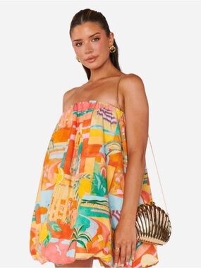Show Me Your MuMu Strapless Bubble Mini Dress in Orange Multi